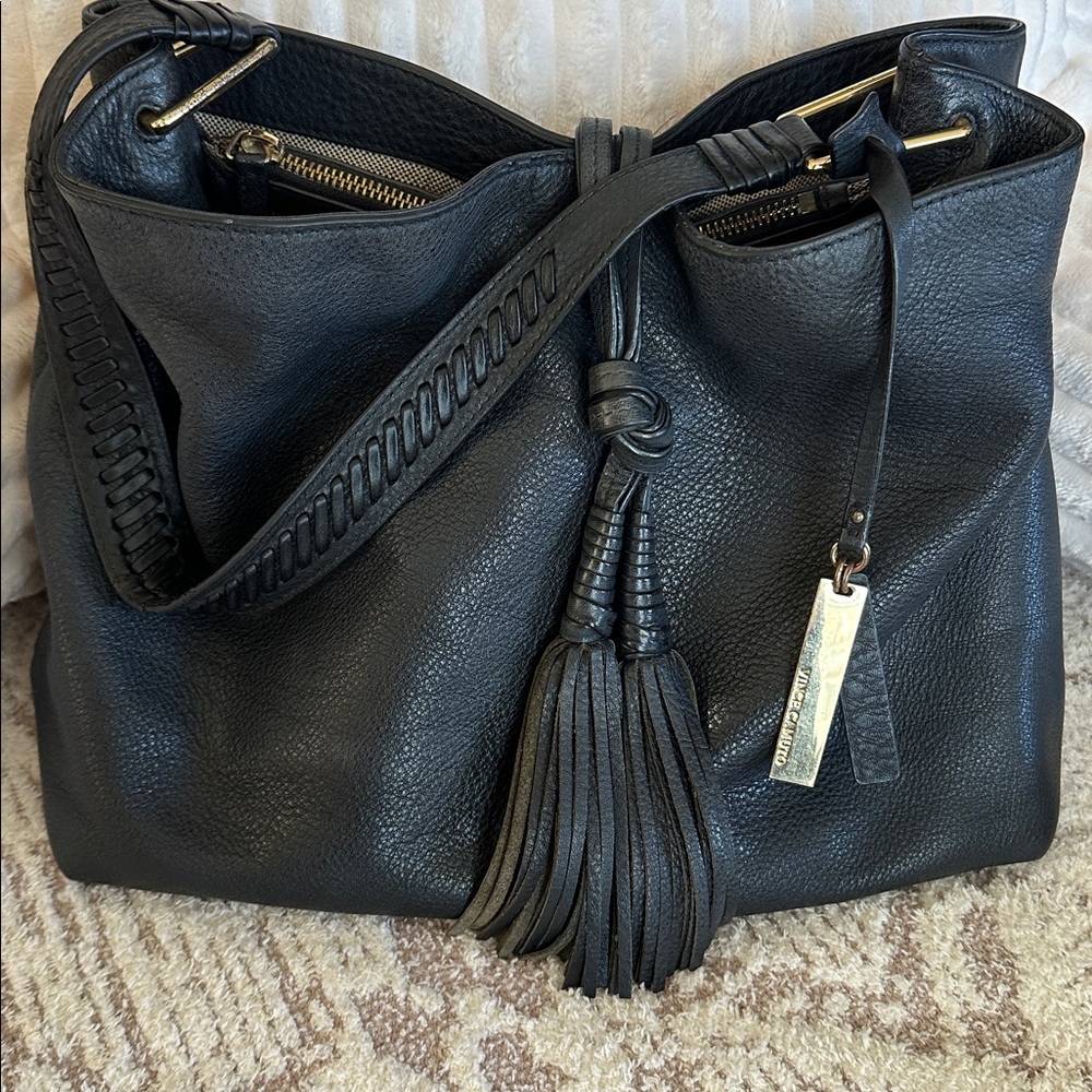 Vince Camuto Black Pebbled Leather Tassel Shoulder Bag | Soft Slouchy Luxe